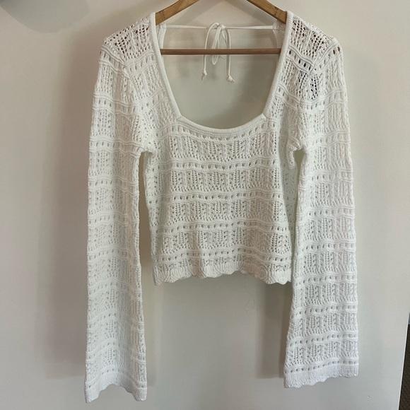 Long-Sleeve Square-Neck Crochet-Style Sweater - Picture 1 of 3